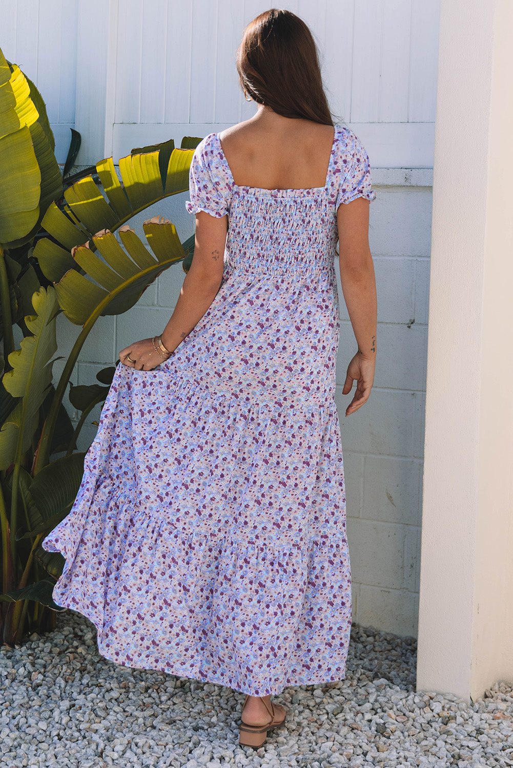 Purple Floral Short Bubble Sleeve Shirred High Waist Maxi Dress eAura