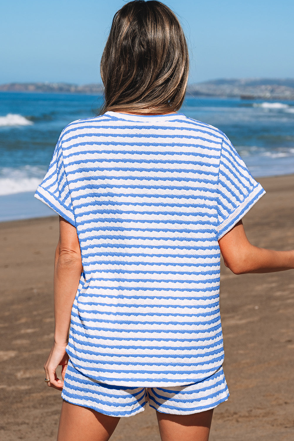 Black Stripe Knitted Short Sleeve Top and Drawstring Shorts Set eAura