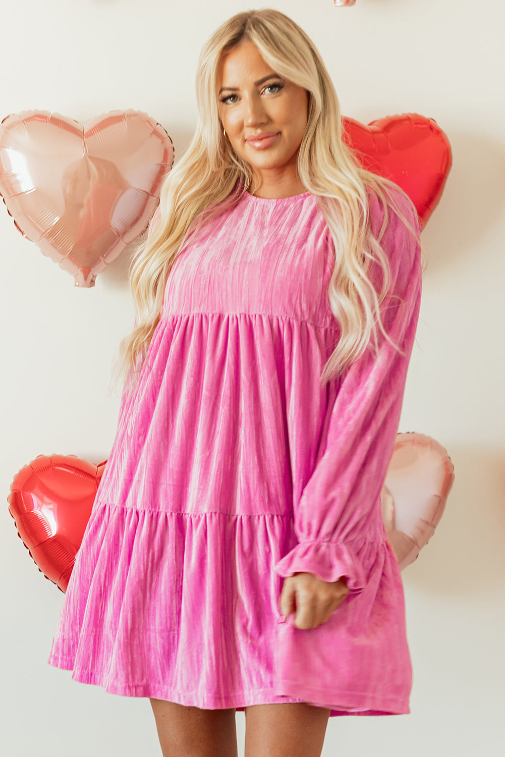 Strawberry Pink Flounce Sleeve Tiered Ruffled Velvet Mini Dress eAura
