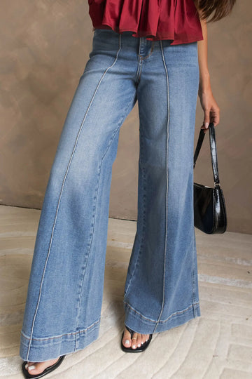 Dusk Blue Piping Seam Detail Flare Leg Pocket Jeans