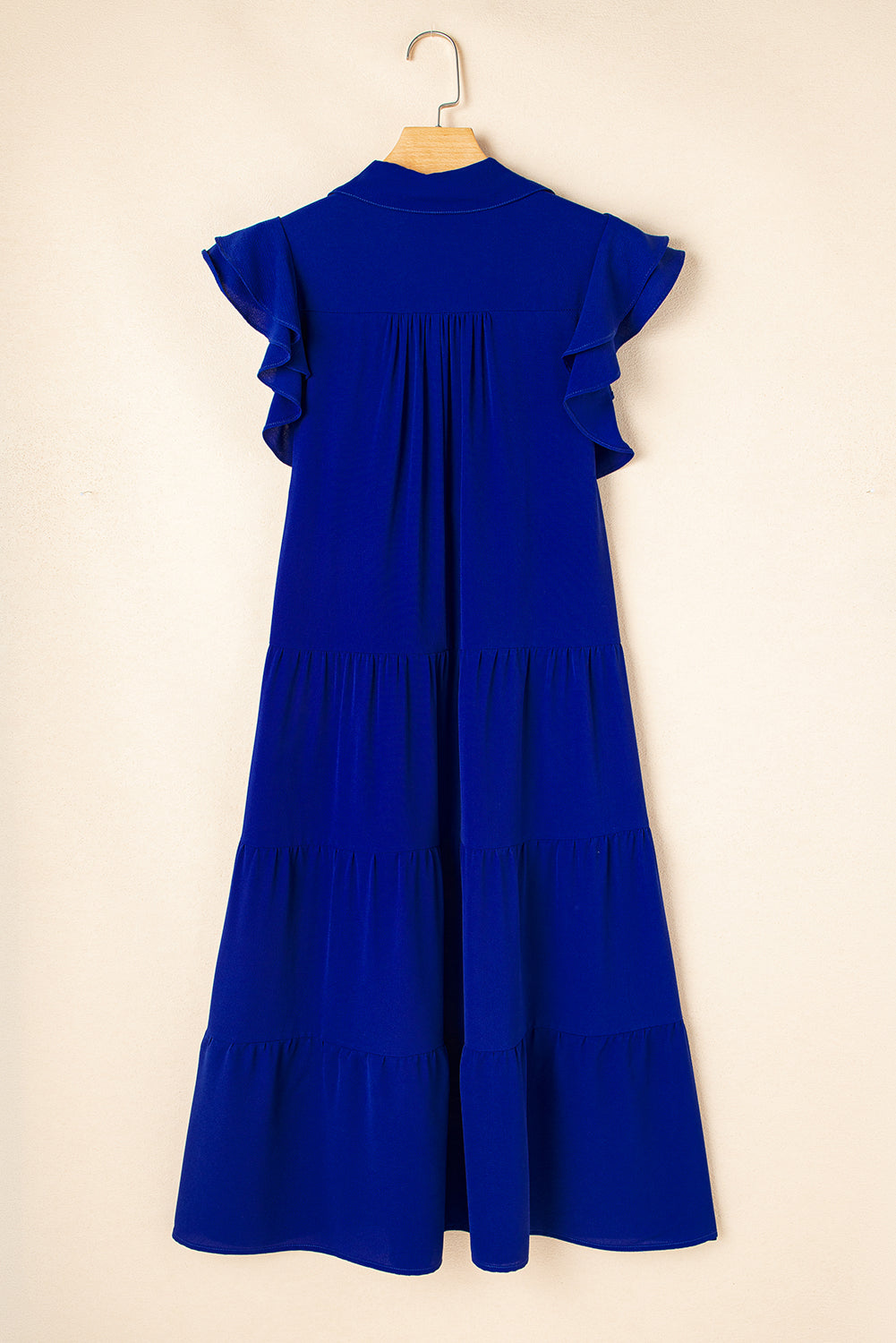 Bluing Ruffled Short Sleeve Collared V Neck Tiered Midi Dress eAura