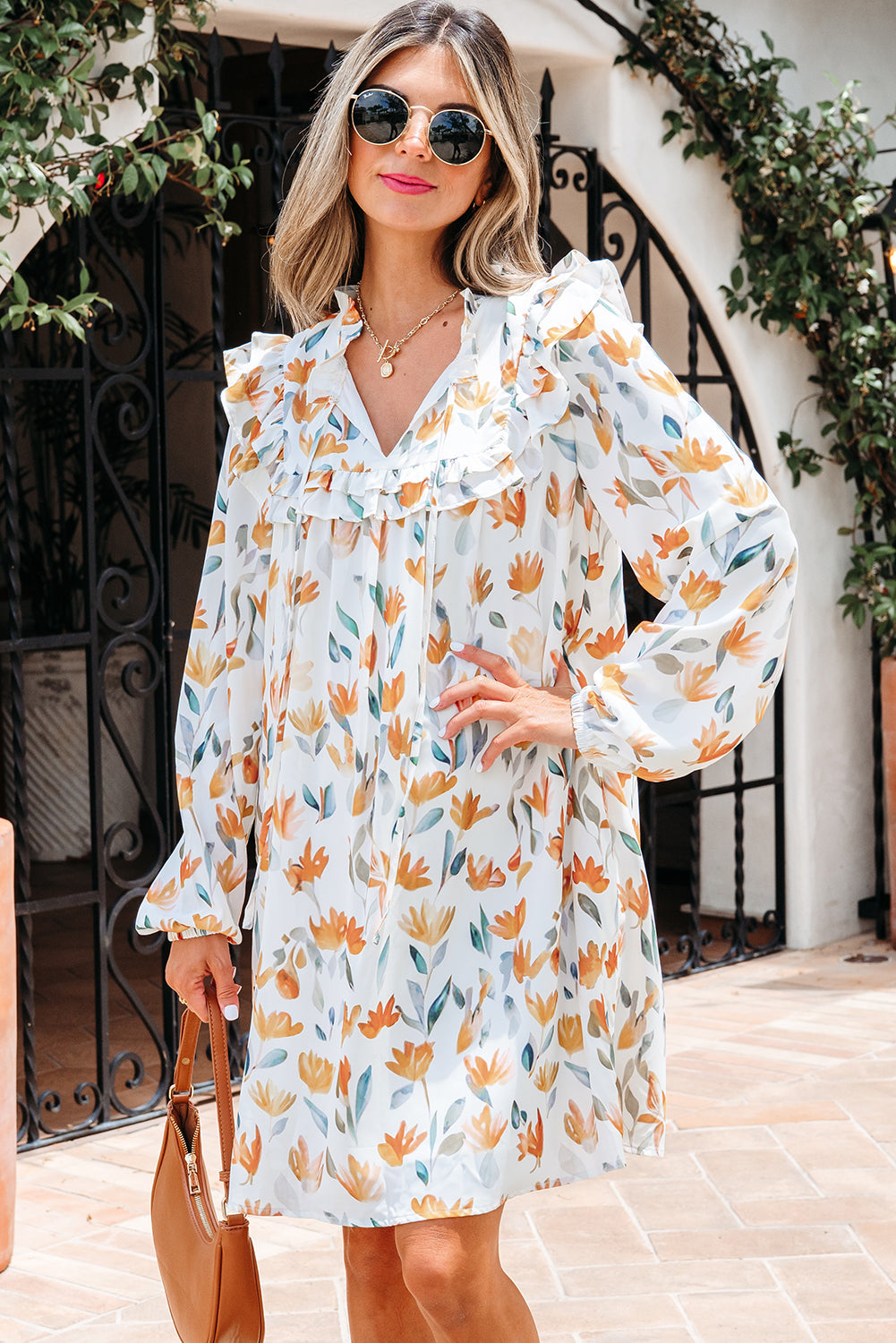 Yellow Floral Print Tie Neck Frilled Detail Long Sleeve Mini Dress eAura