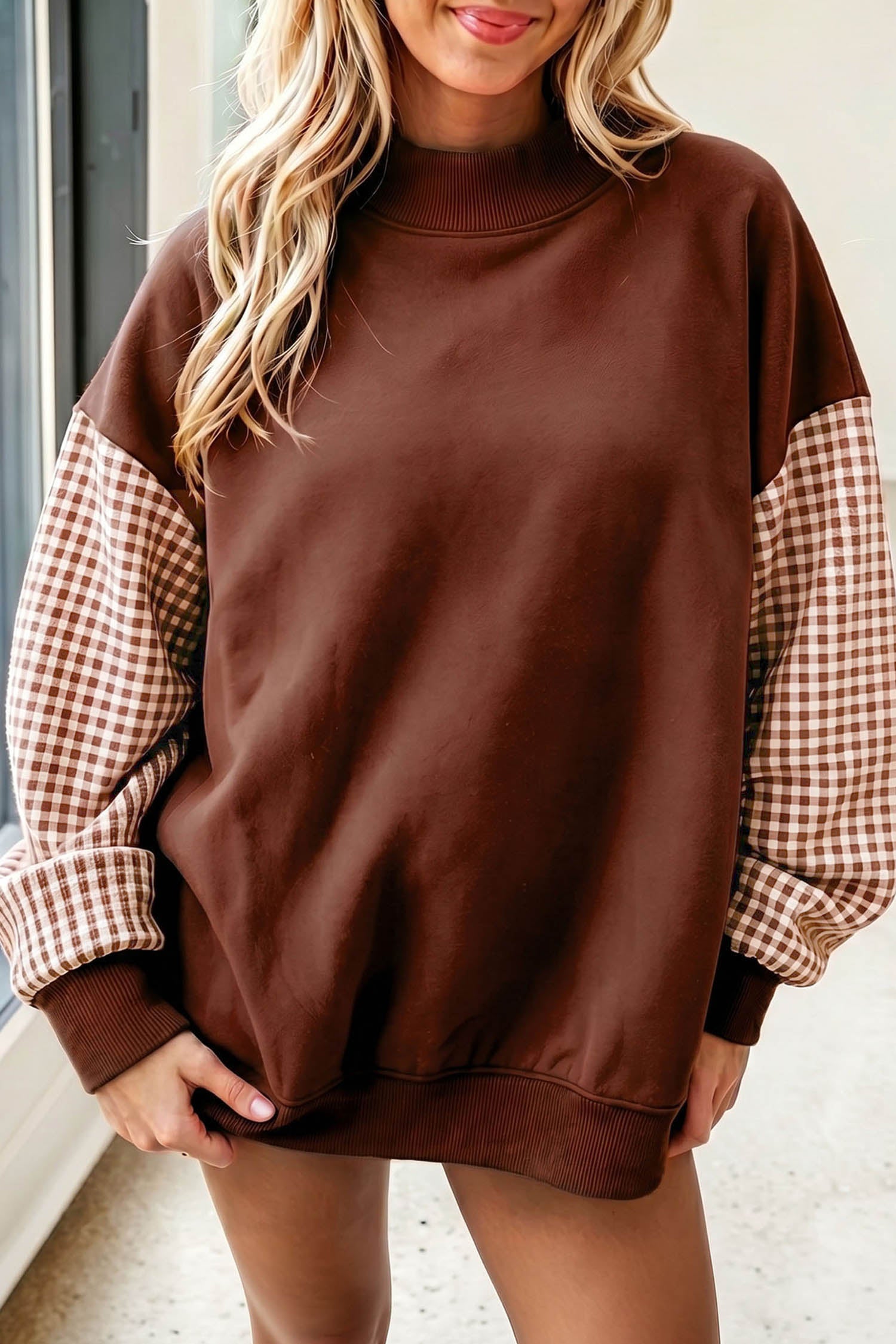 Plaid Sleeve Colorblock Loose Tunic Sweatshirt – Fiery Red