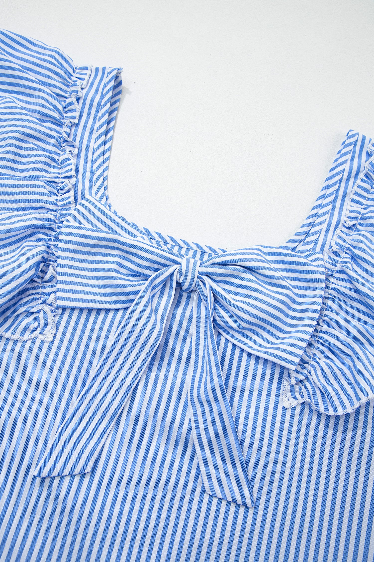 Square Neck Bow Back Ruffle Sleeve Blouse – Blue Stripe