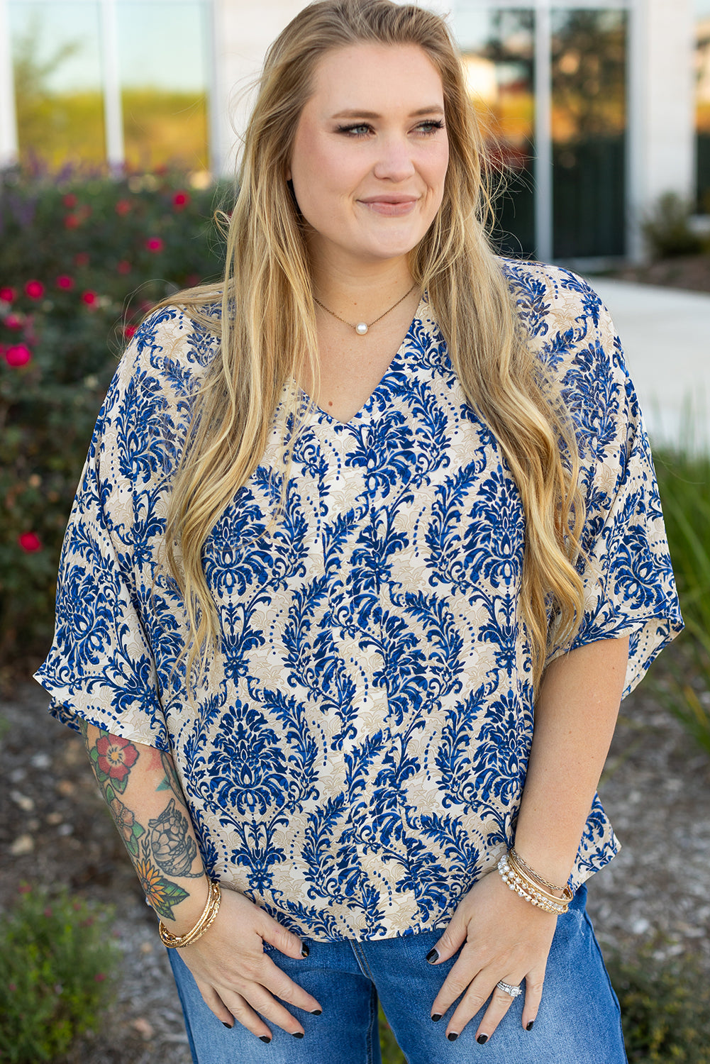 Blue Plus Size Ethnic Printed 3/4 Sleeve V Neck Loose Blouse BB Fashion Outlet