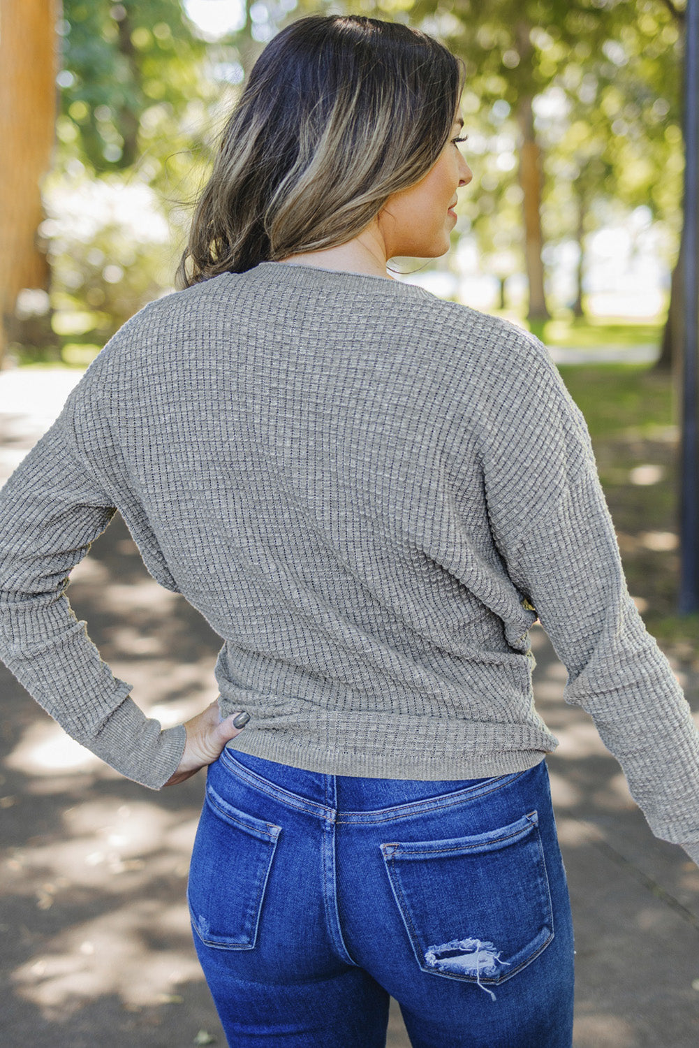 Gray Wrap V Neck Waffle Sweater BB Fashion Outlet