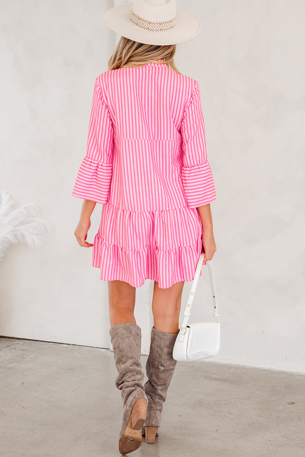 Stripe dFlare Sleeve Half Placket Tiered Flowy Mini Dress - eAura