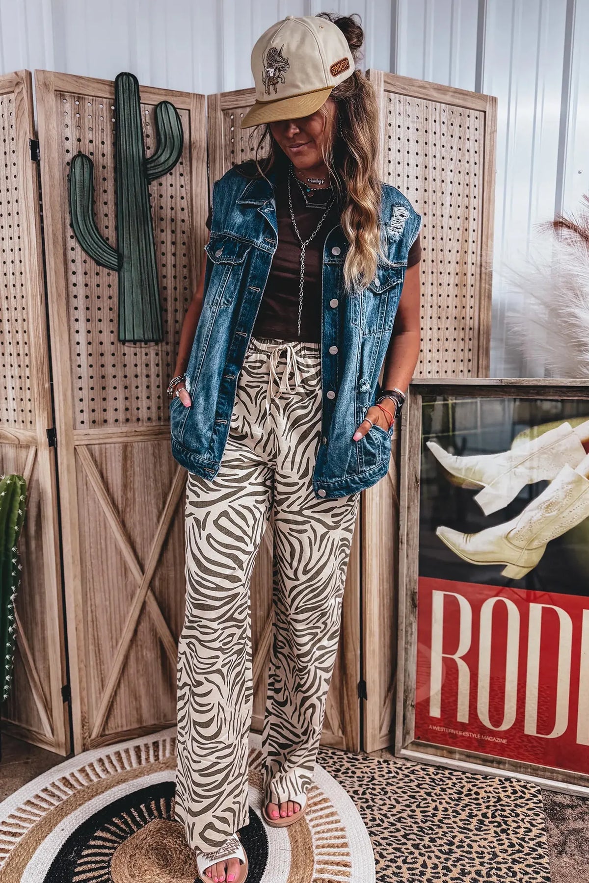 Western Print Zebra Pattern Elastic Waist Pocket Full-Length Pants – Multicolour