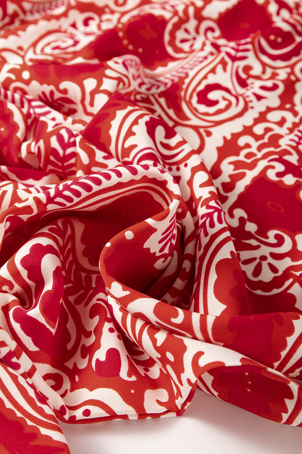 Red Paisley Printed Buttoned High Waist Straight Leg Trousers eAura