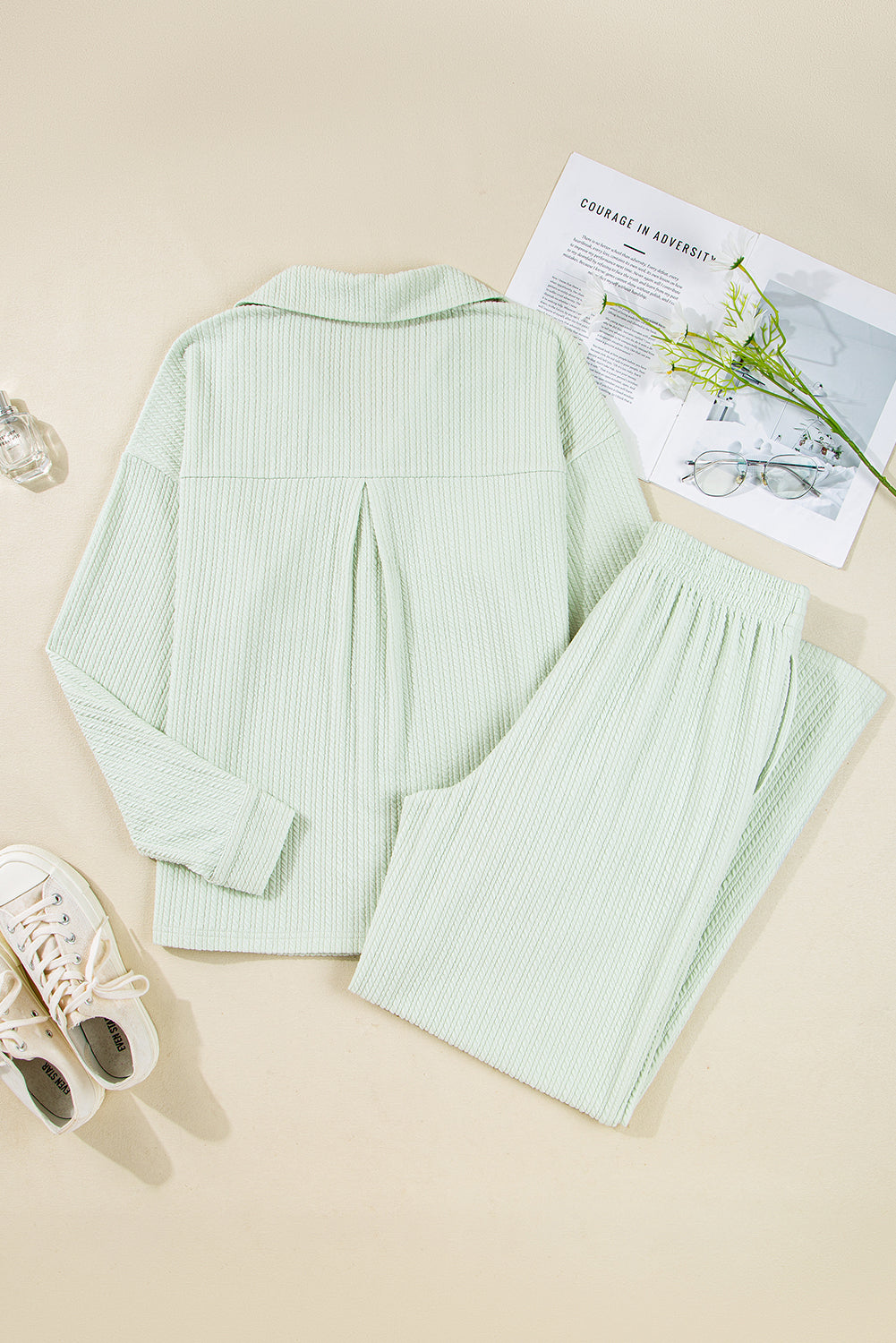 Clearly Aqua Textured Patched Chest Pocket Shirt and Pants Set Dear-Lover Dropshipping