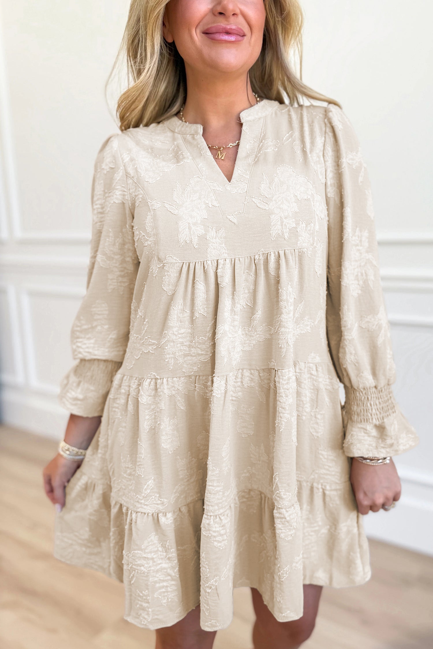 Long Sleeve Notched Neck Jacquard Tiered Mini Dress - Cream / S - Dresses/Mini Dresses