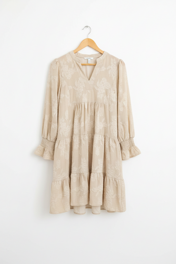 Long Sleeve Notched Neck Jacquard Tiered Mini Dress - Dresses/Mini Dresses