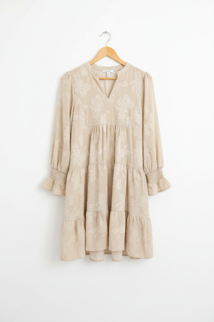 Long Sleeve Notched Neck Jacquard Tiered Mini Dress - Dresses/Mini Dresses