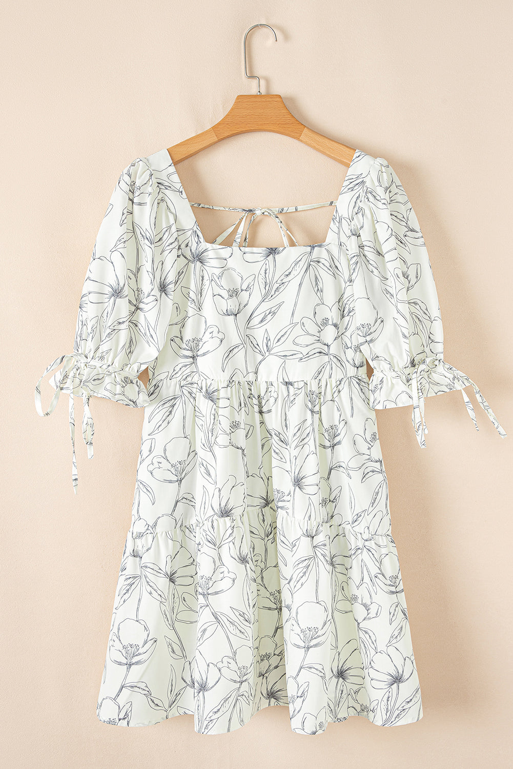 Beige Floral Print Square Neck Shirred Back Puff Sleeve Mini Dress eAura