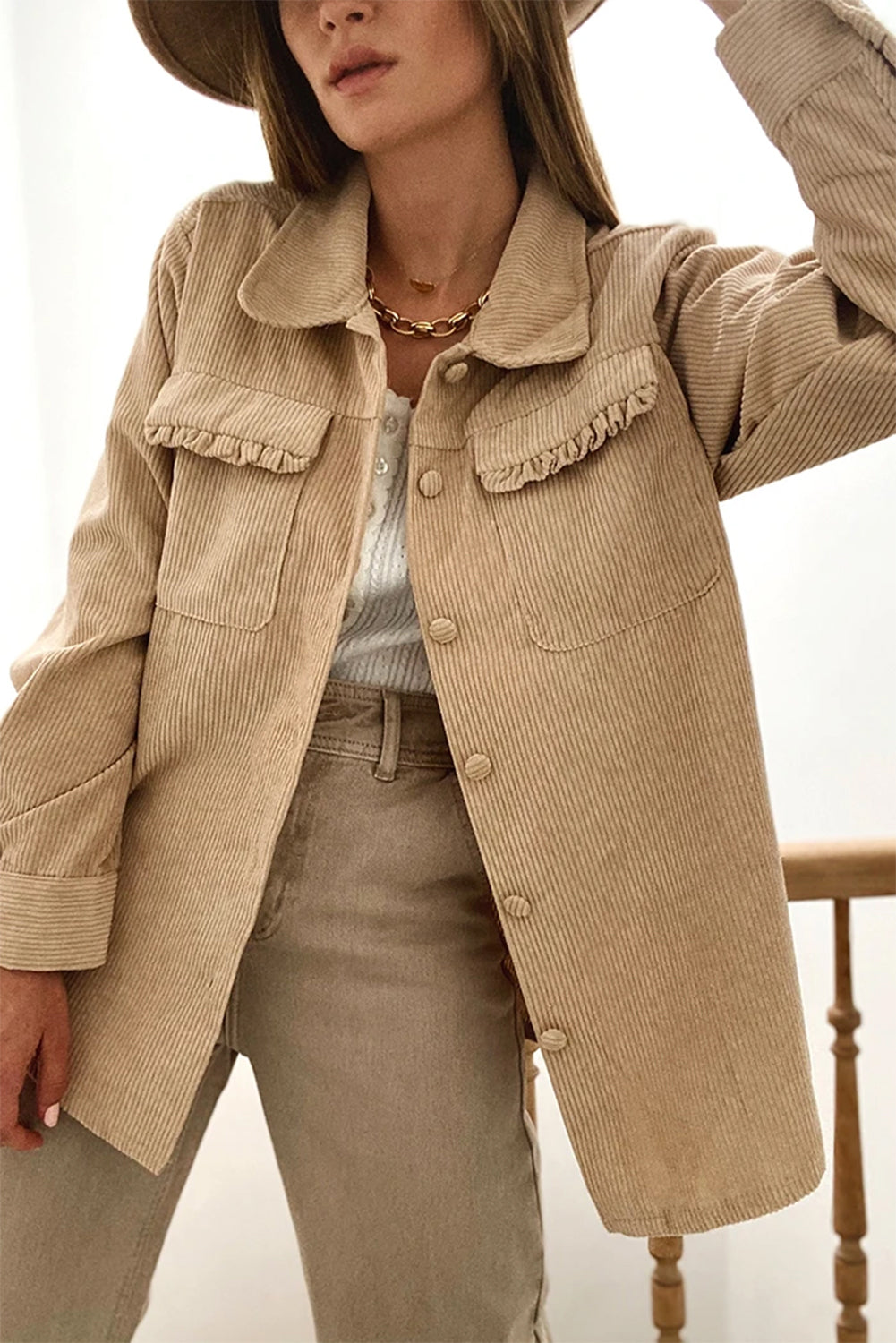 Light French Beige Solid Frilled Flap Pocket Button Up Corduroy Shacket Beagle Boutique Fashion Outlet