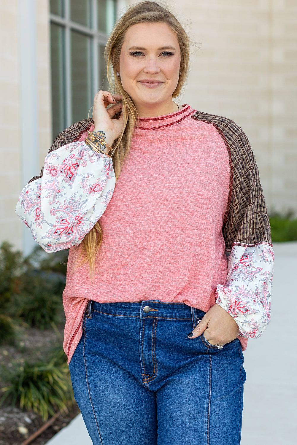 Pink Checkered Paisley Patchwork Raglan Sleeve Seamed Plus Size Top BB Fashion Outlet