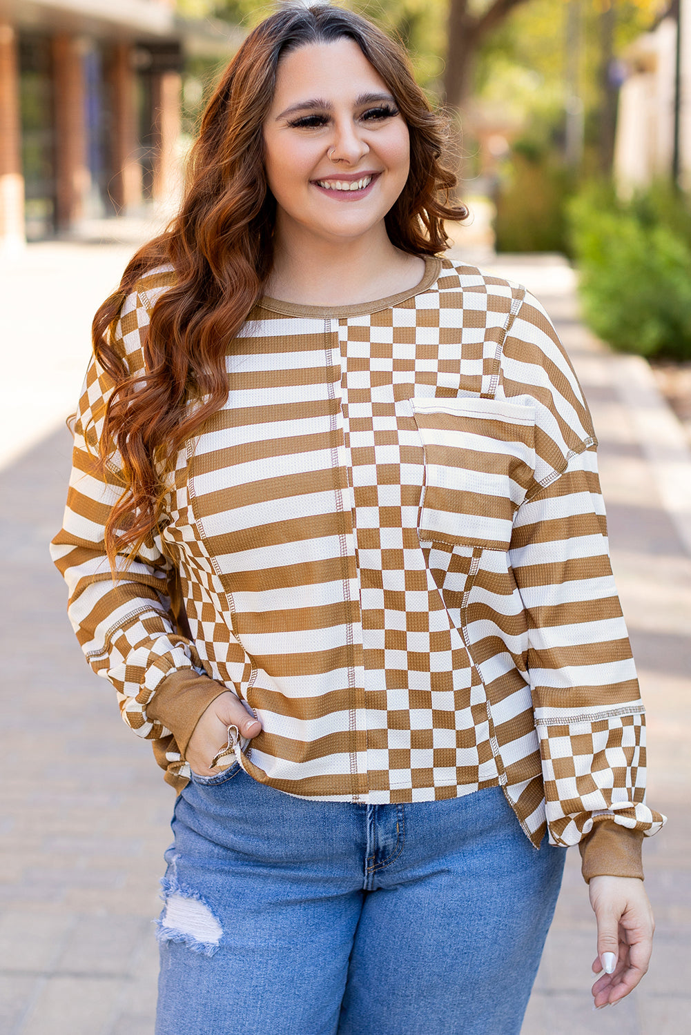 Khaki Striped Checkered Mixed Print Chest Pocket Casual Plus Size Top BB Fashion Outlet