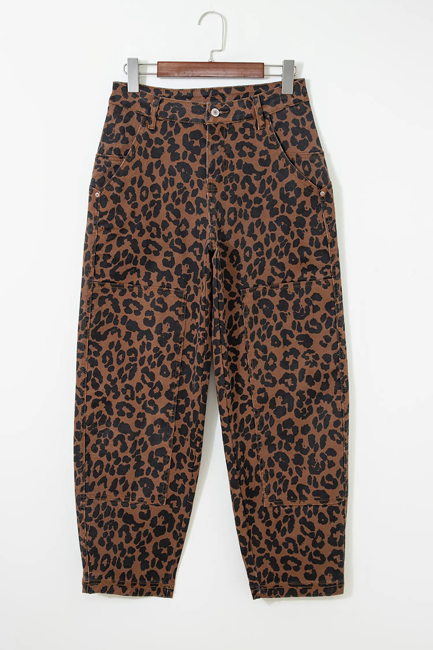 Brown Clear Seam Detail Patchwork Leopard Print Barrel Jeans