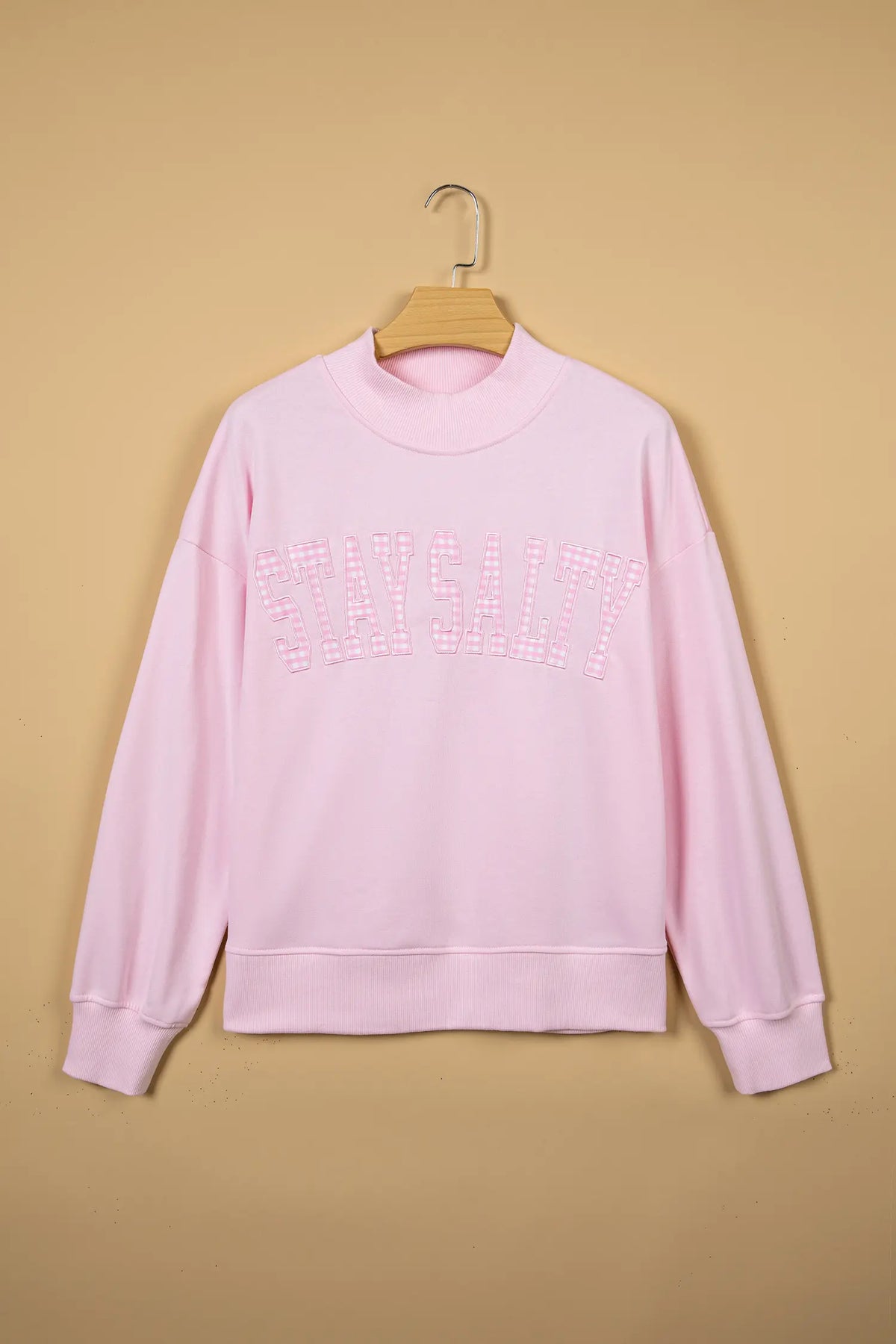 Stay Salty Embroidered Long Sleeve Stand Neck Shift Pullover Sweatshirt – Pink