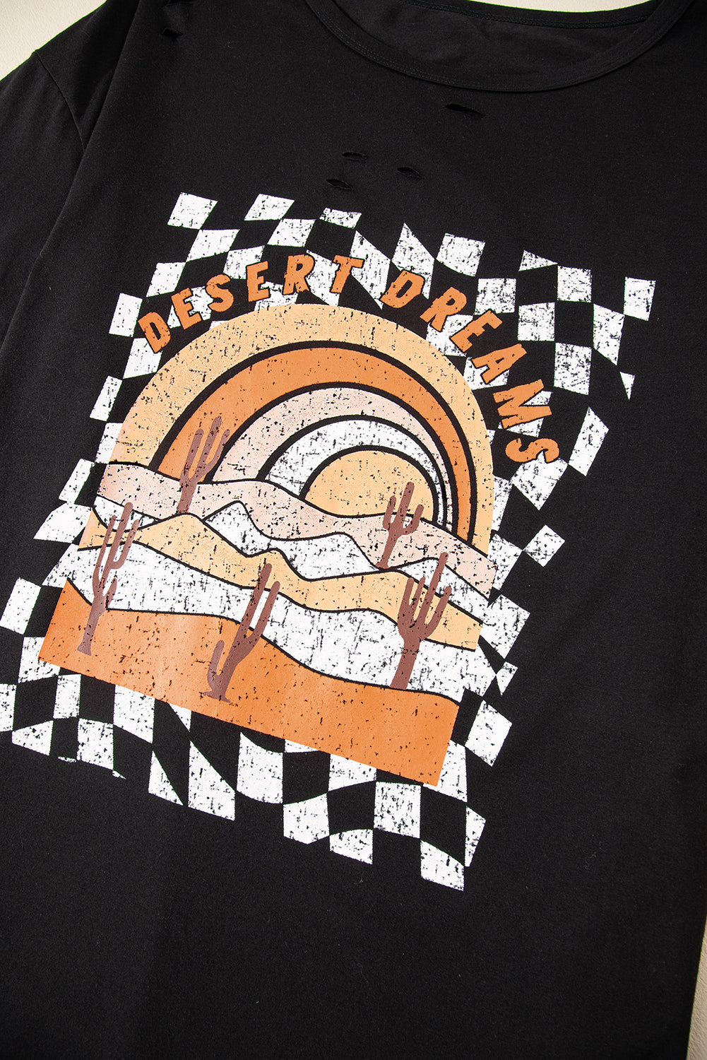 Black Checkerd DESERT DREAMS Printed Ripped Plus Size Tee BB Fashion Outlet