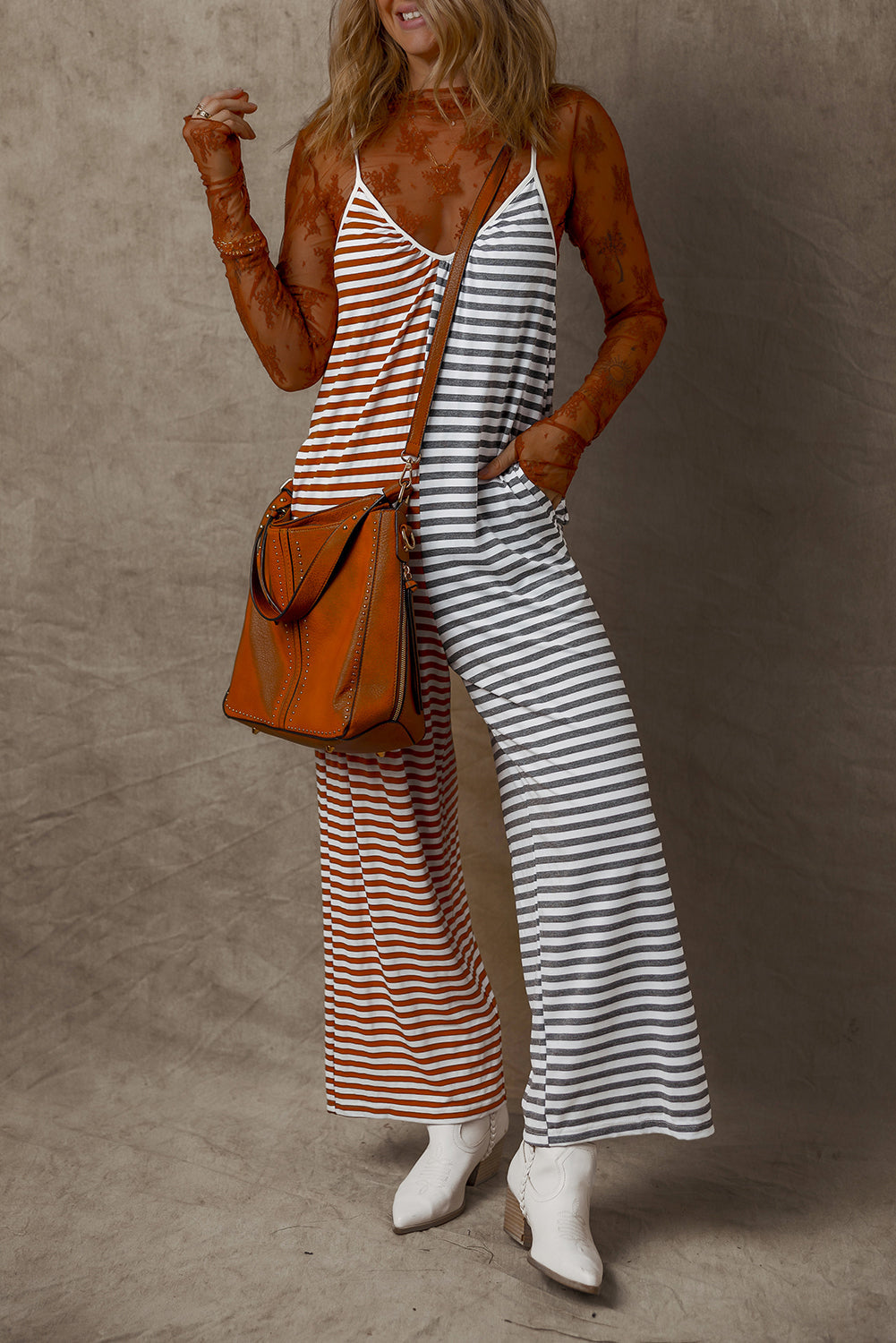 Yellow Stripe Two Tone Contrast Spaghetti Strap Backless Overall - eAura