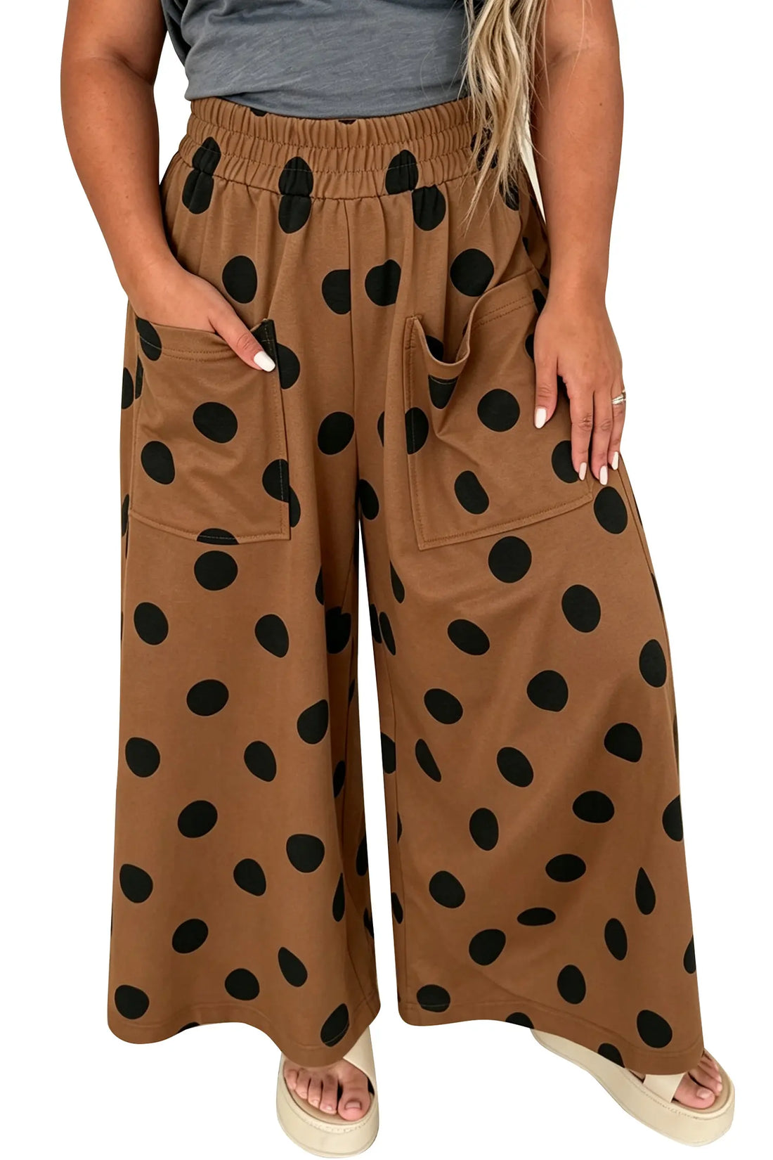 Plus Size Wide Leg Elastic Waist Polka Dot Pants