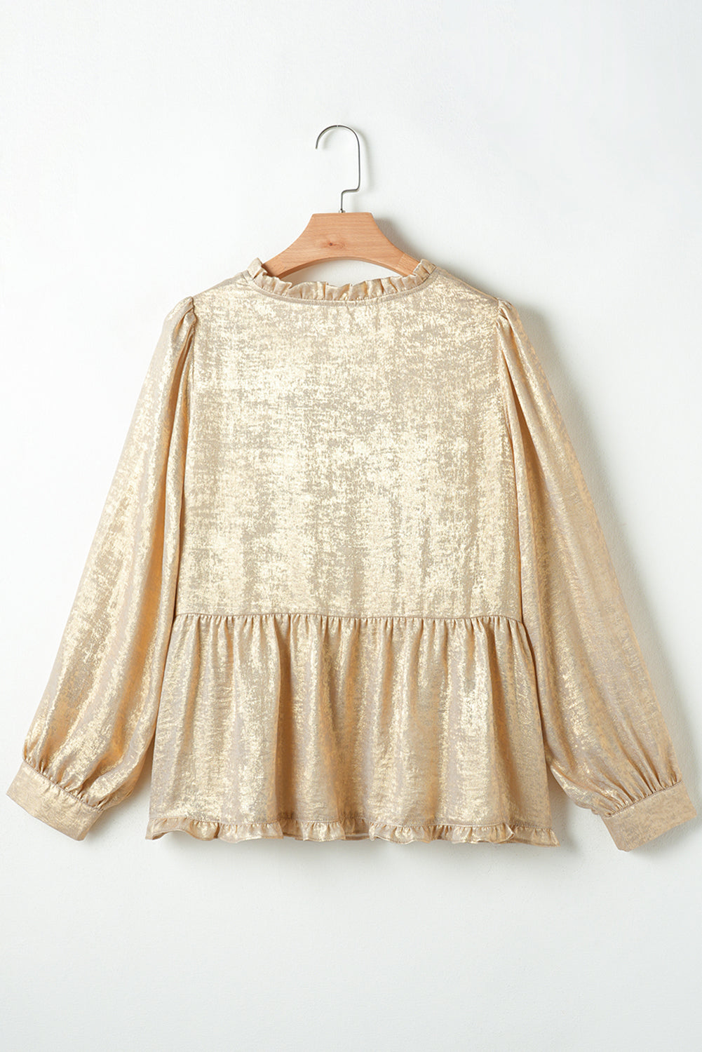 Gold Metallic Frilled V Neck Puff Sleeve Babydoll Blouse Beagle Boutique Fashion Outlet