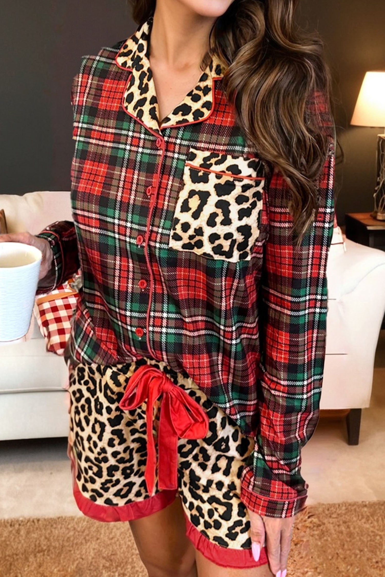 Retro Plaid Leopard Print Patchwork Long Sleeve Shorts Pajama Set - eAura