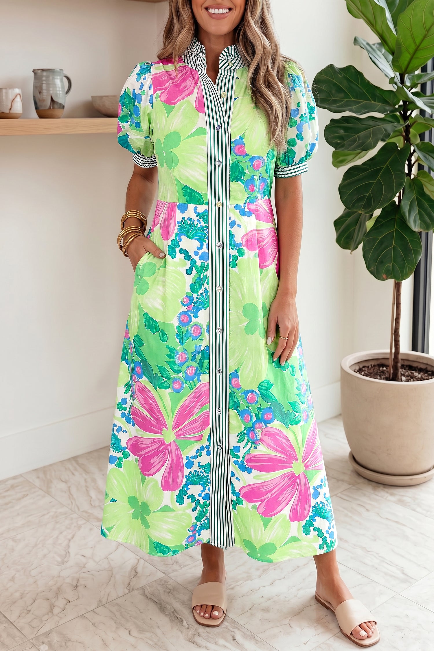 Floral Print Striped Trim Button-Down Shirt Dress