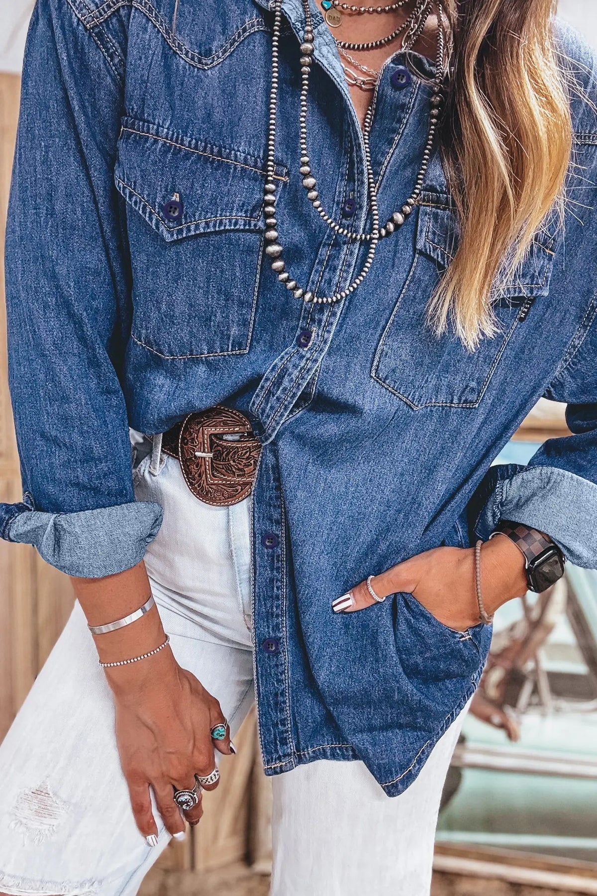 Western Patch Pockets Tunic Length Long Sleeve Denim Shirt – Sail Blue