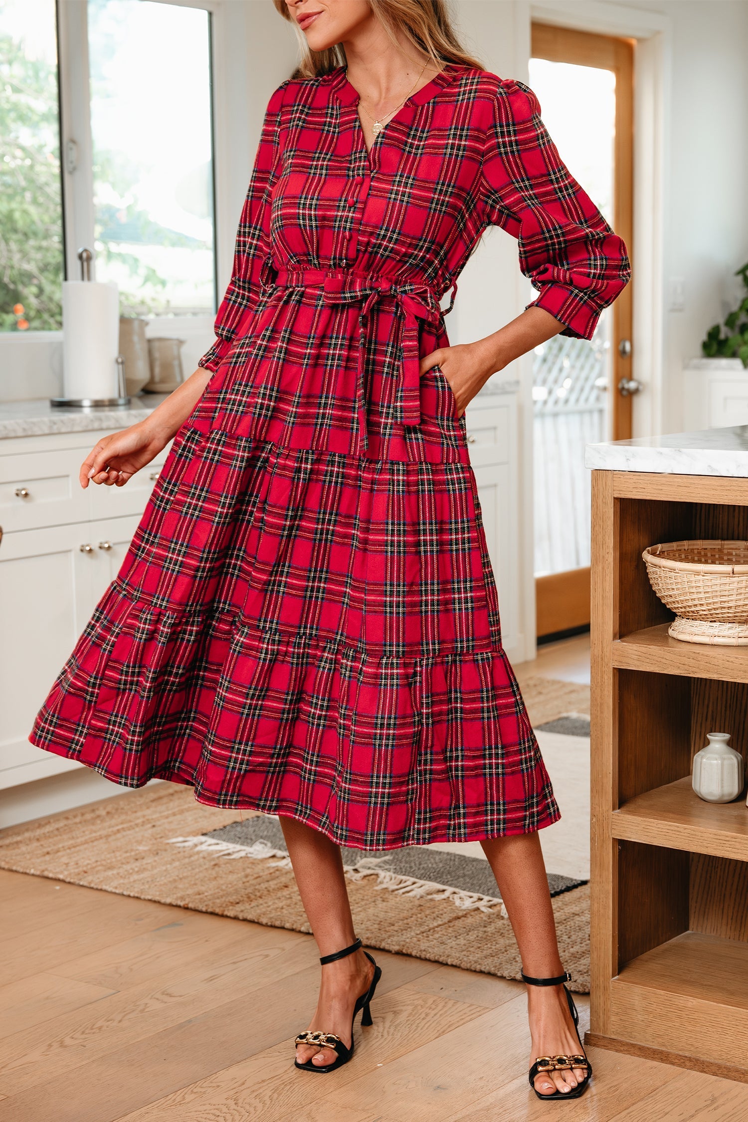 Christmas Plaid Print V-Neck 3/4 Sleeve Tie Waist Long Dress - Dresses/Maxi Dresses