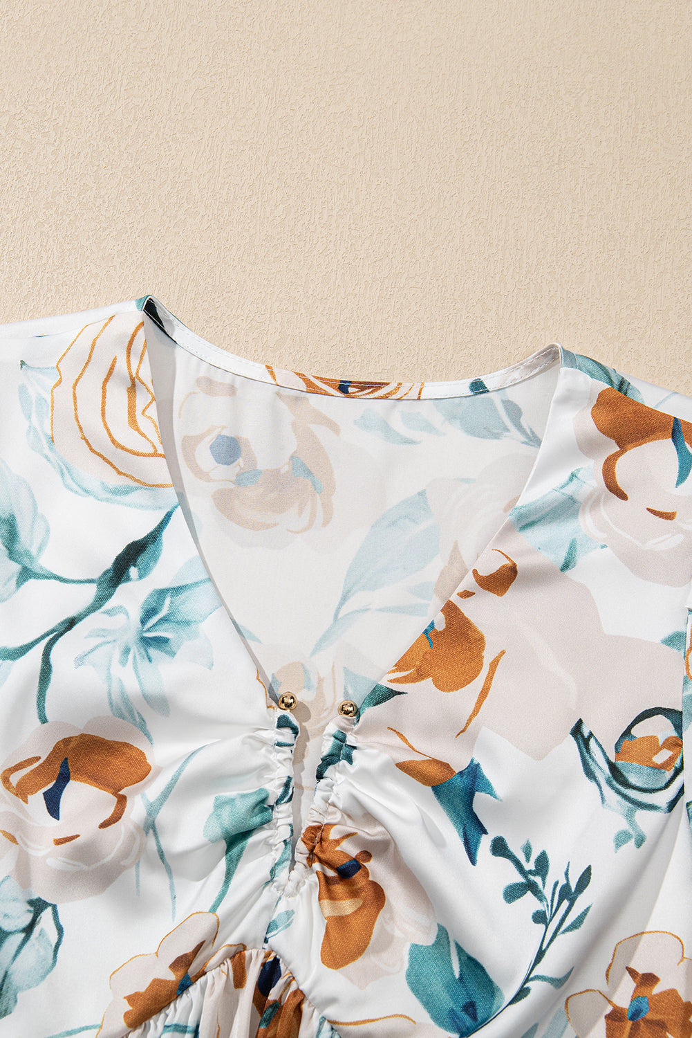 Green Floral Print Puff Sleeve V Neck Babydoll Blouse eAura