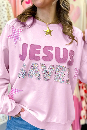 Plus Size Sweatshirt — JESUS SAVES Gingham Star Patchwork Detail