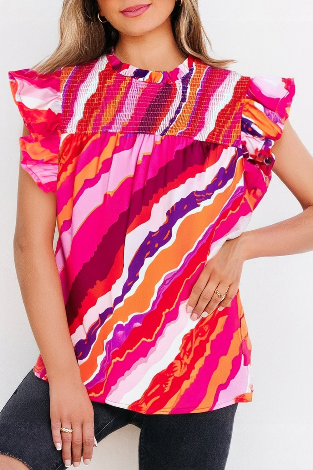 Rose Abstract Print Shirred Yoke Ruffled Blouse eAura
