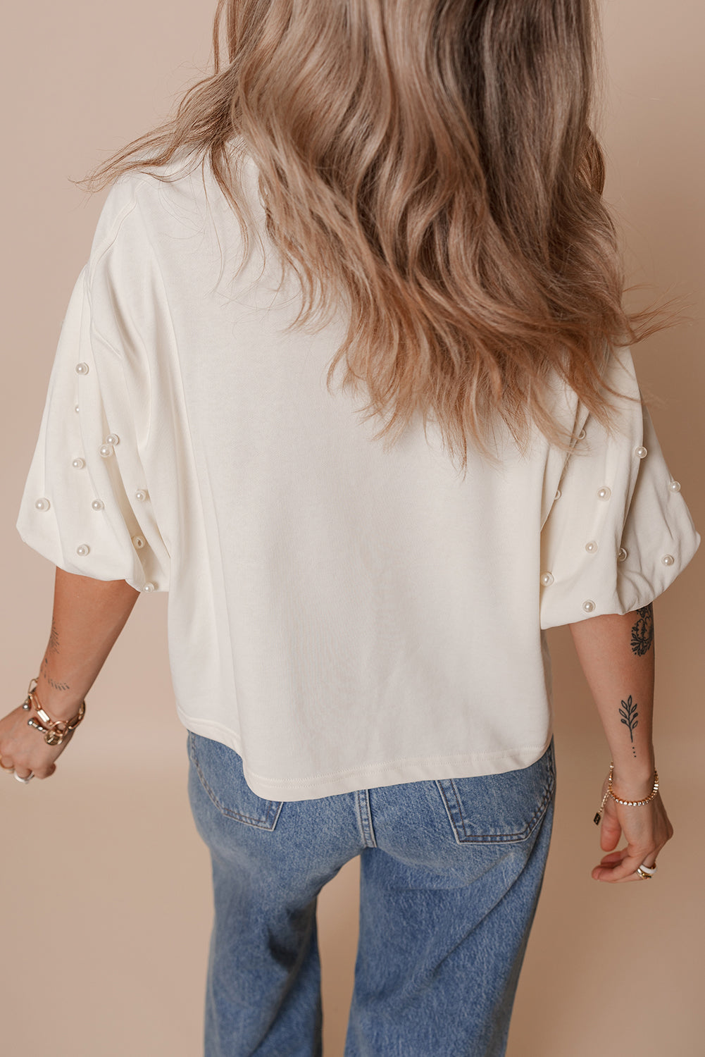 White Pearled Puff Sleeve Round Neck Loose Top eAura