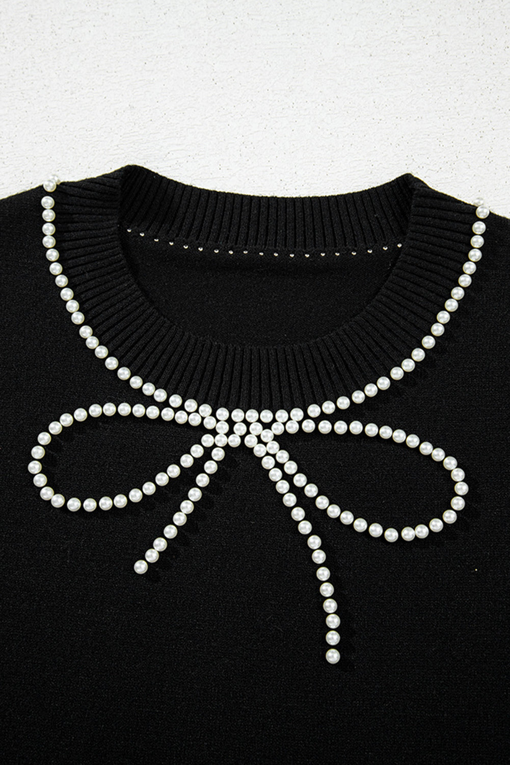 Black Pearl Bow Necklace Embellished Short Sleeve Knitted T Shirt eAura