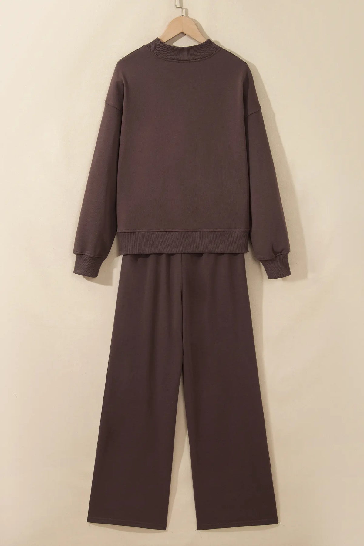 Coffee Solid Colour Piping Trim Mock Neck Pullover Drawstring Pants Set – Brown