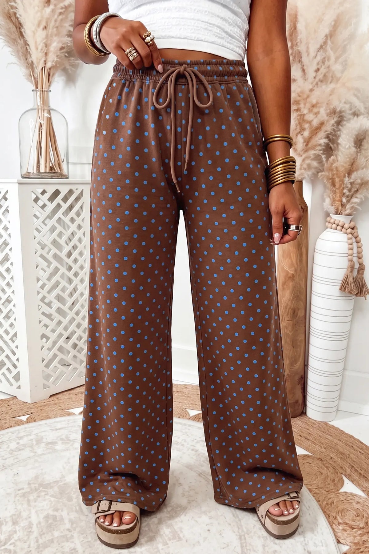 Brown Casual Polka Dot Wide Leg Drawstring Pants