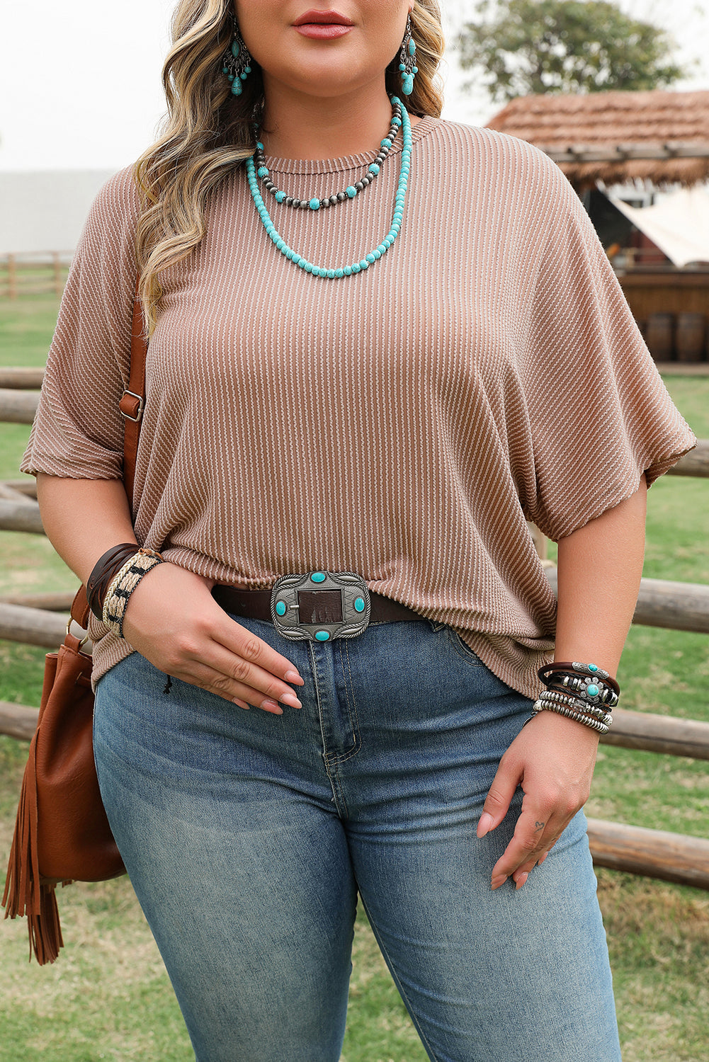 Smoke Grey Ribbed Striped Crew Neck Plus Size Knit T Shirt BB Fashion Outlet