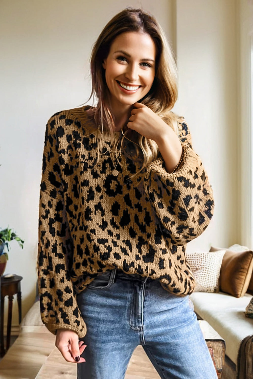 Beige Ribbed Trim Round Neck Leopard Drop Shoulder Sweater - eAura
