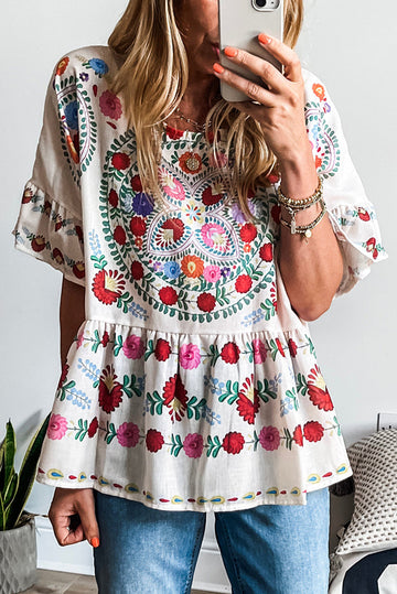 White Boho Floral Print Round Neck Ruffle Trim Blouse eAura