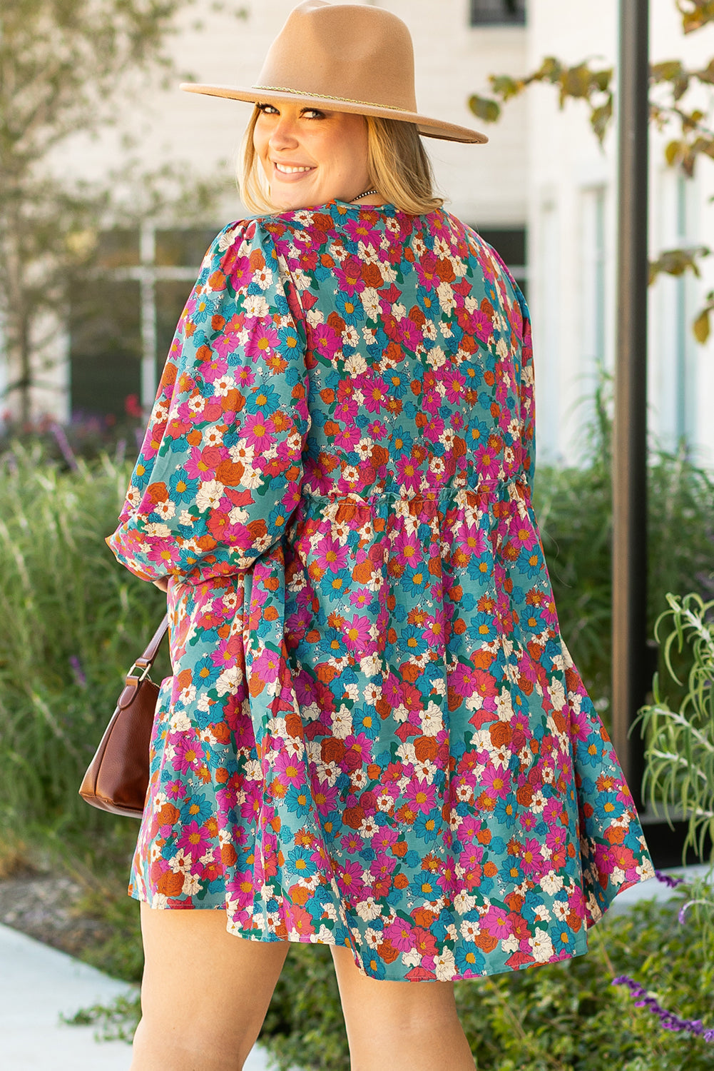 Sky Blue Plus Size Floral Print Shirred Ruffle Tiered Mini Dress BB Fashion Outlet