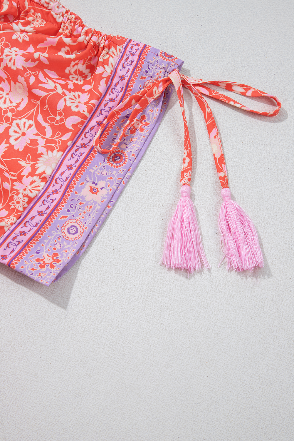 Red Floral Print Tasseled Tied Sleeve Empire Waist Maxi Dress eAura