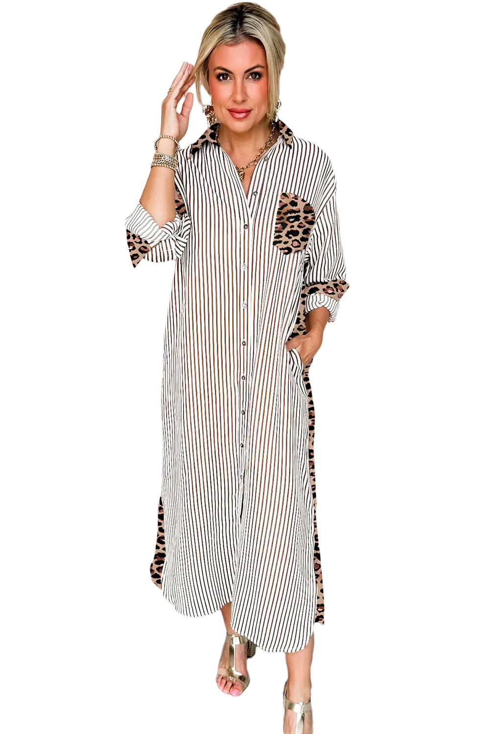 Stripe Contrast Leopard Patchwork Long Shirt Dress with Slits