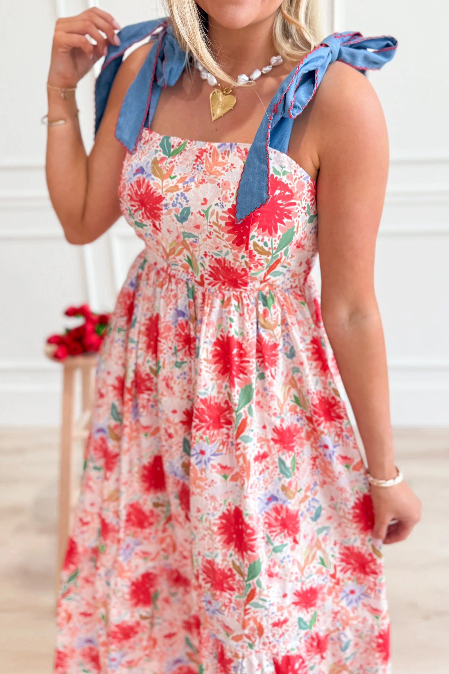 Floral Print Contrast Stitched Knot Denim Straps Maxi Dress