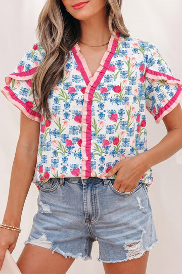 Floral Print Ruffle V-Neck Short Sleeve Loose Tunic Shirt – Rose
