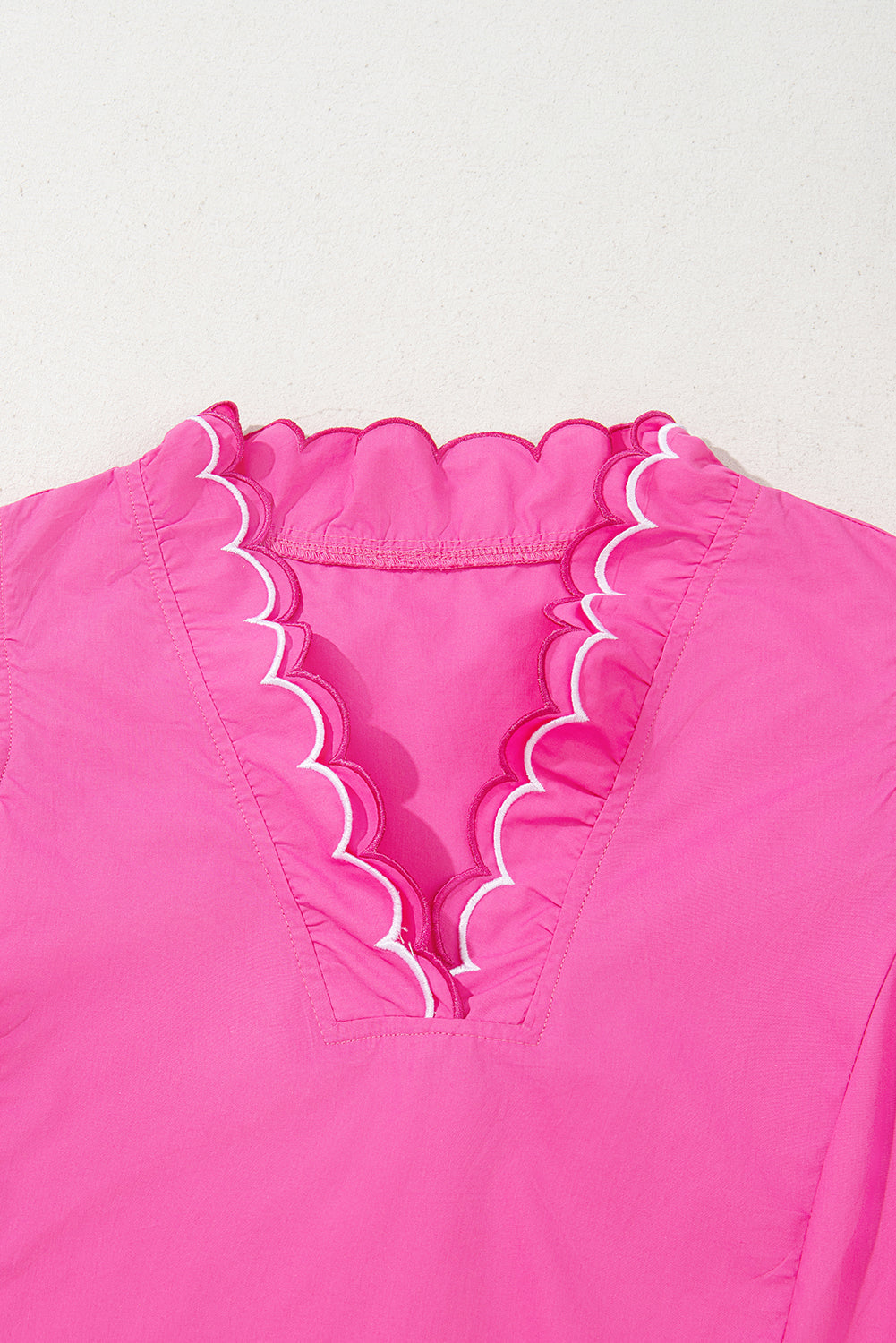 Bright Pink Scallop Trim Short Sleeve V Neck Top eAura