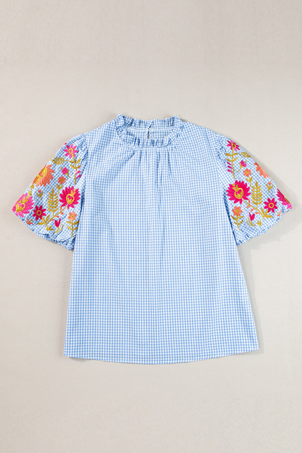 Light Blue Gingham Floral Embroidered Puff Sleeve Blouse eAura
