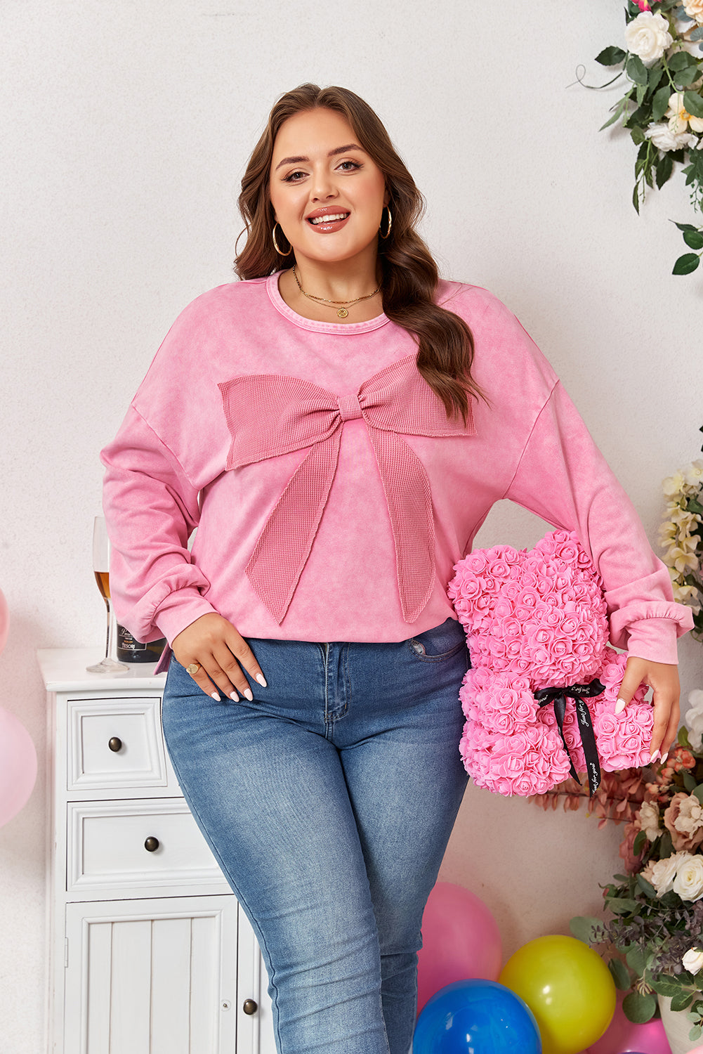 Bonbon Waffle Bowknot Patchwork Graphic Mineral Wash Plus Size Sweatshirt eAura