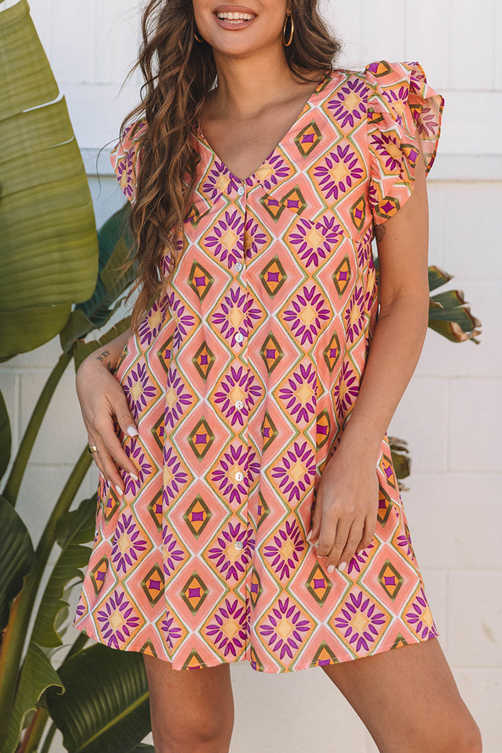 Orange Geometric Floral V Neck Buttoned Ruffled Sleeve Mini Dress eAura
